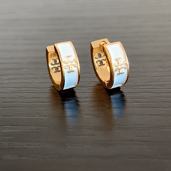 Tory Burch Gold and White Logo Hoop Earrings - Picture 5 of 6